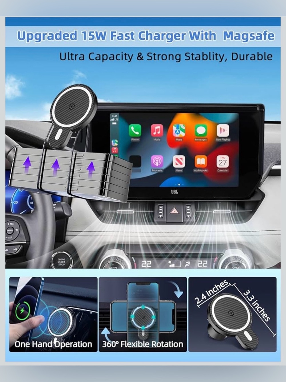 PZK Wireless Charging MagSafe Phone Mount Toyota Highlander 2020-2025 12.3” - Picture 7 of 11
